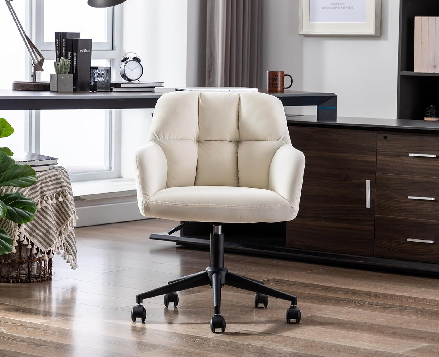 Velvet Office Chair Swivel Grid Design Home Desk Study Solid Back Adjustable Sea
