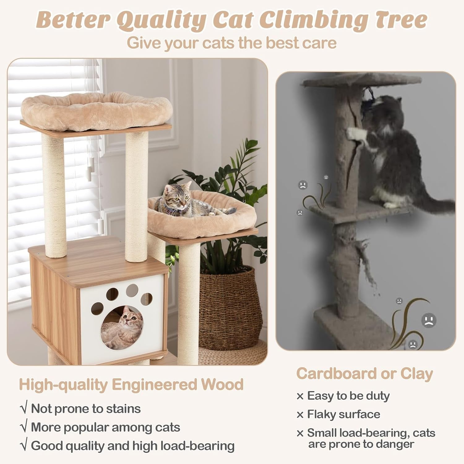 157cm Wooden Cat Tree Beige Tall Tower with Condo Perch Ladder & Sisal Posts