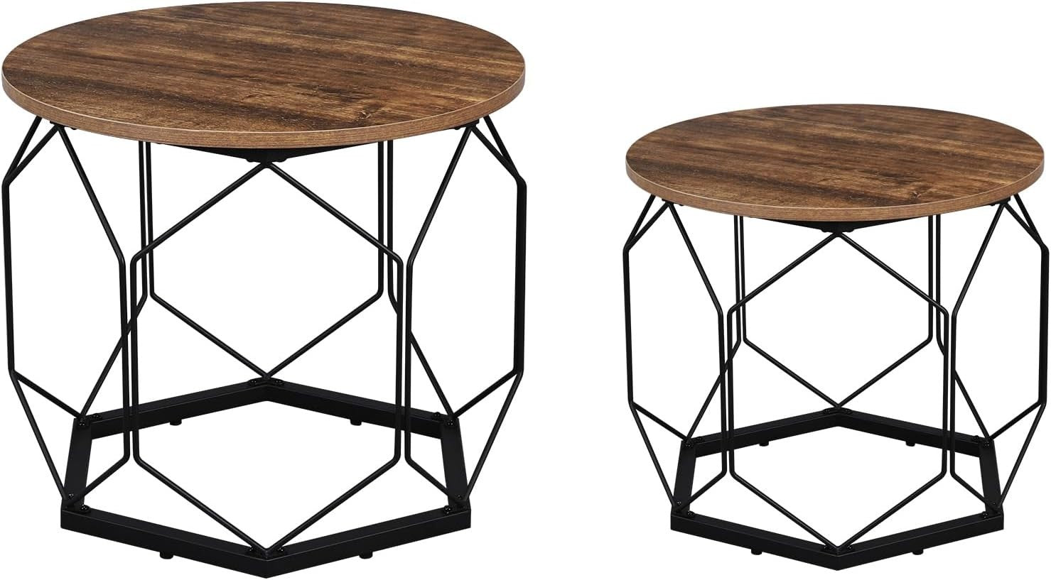 Set of 2 Round Coffee Tables with Storage Shelves, Sturdy Metal Frame