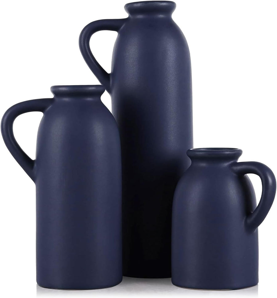 Blue Ceramic Vase Set of 3 Matte Jug Vases Farmhouse Table Home Decor