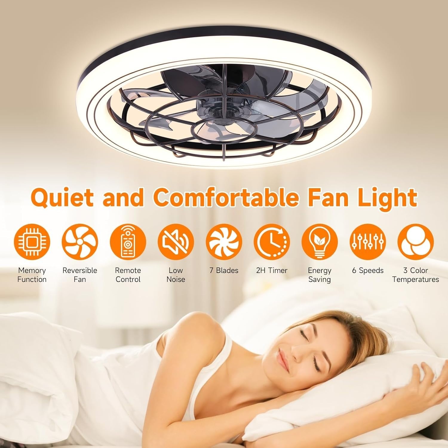Ankishi 49CM Silent Ceiling Fan with Light, 75W, 6-Speed, Remote, LED