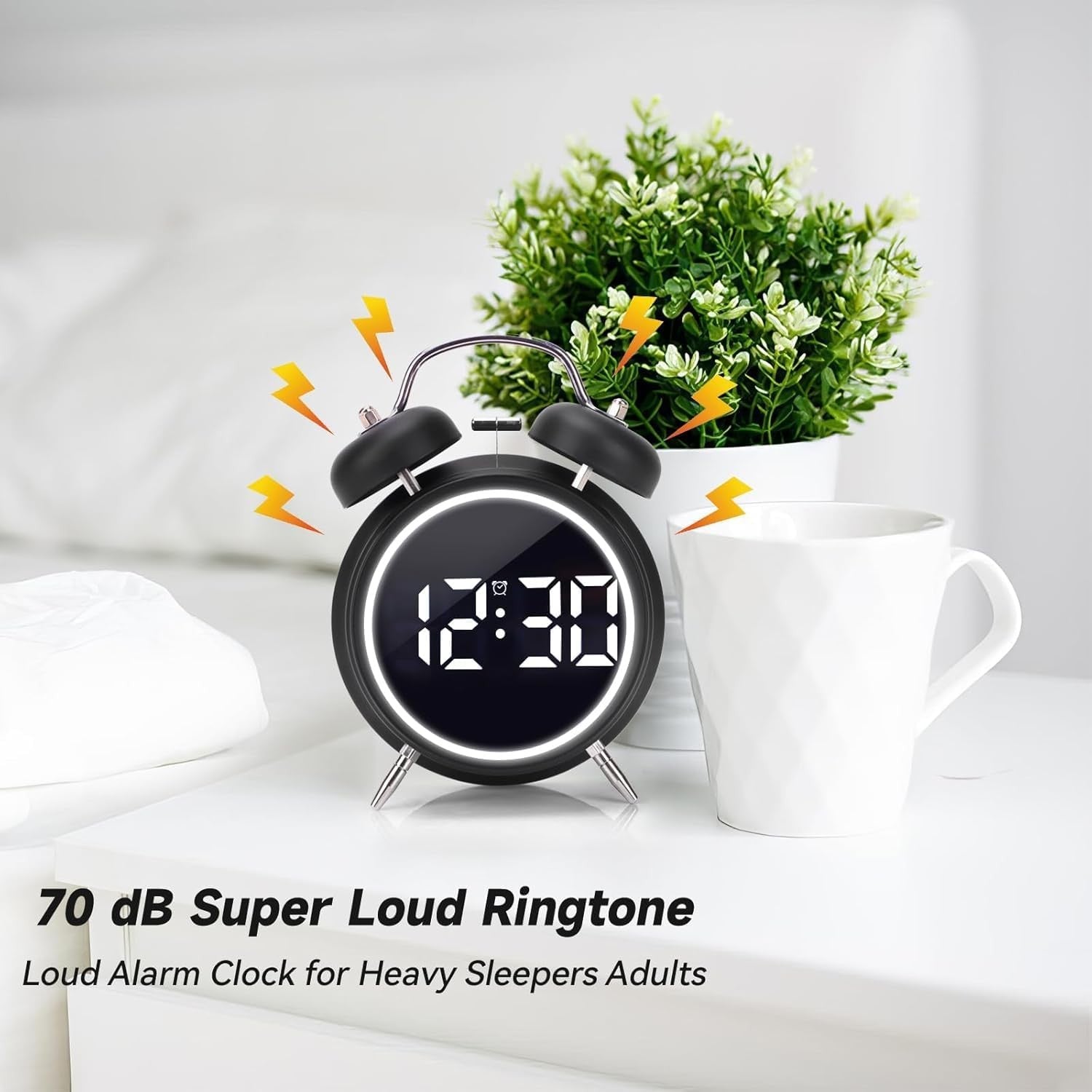 Digital Twin Bell Alarm Clock Loud Wake Up LED Night Light Heavy Sleepers