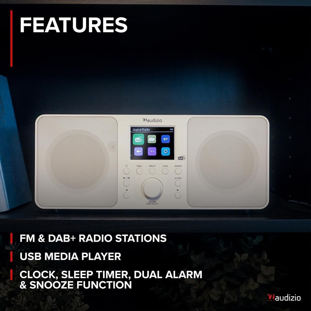 DAB+ Digital Radio Bluetooth Stereo 50W Dual Alarm Remote USB White