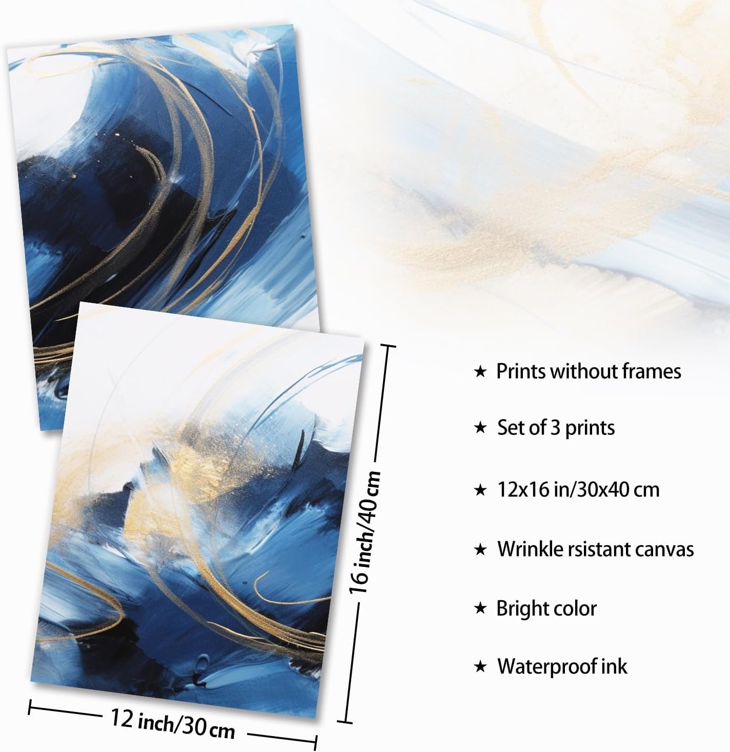 Abstract Blue Gold Wall Art Set Modern Canvas Prints Living Room Bedroom Decor