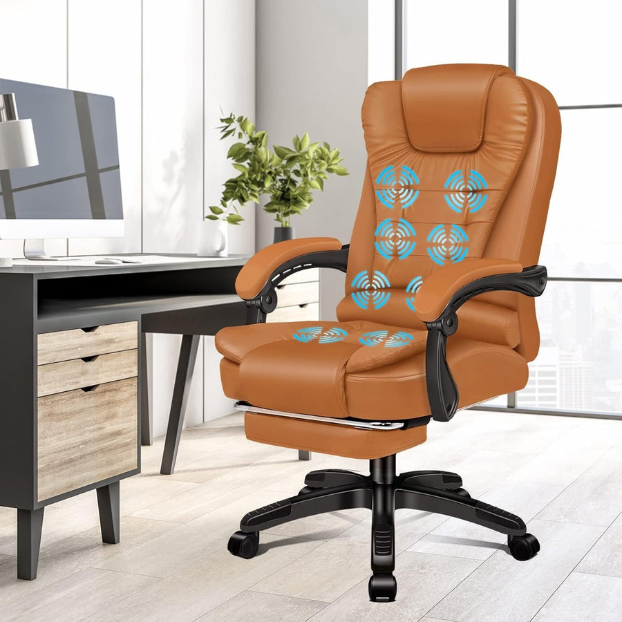Brown Massage Office Chair Heated 8-Point Recliner Footrest Ergonomic PU