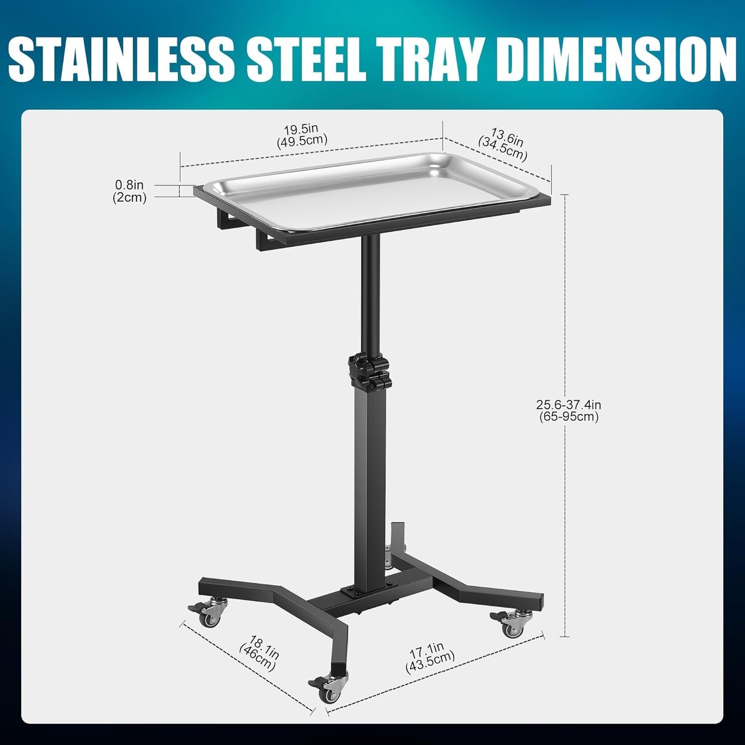 Stainless Steel Tattoo Tray on Wheels Adjustable Height Rolling Studio Trolley