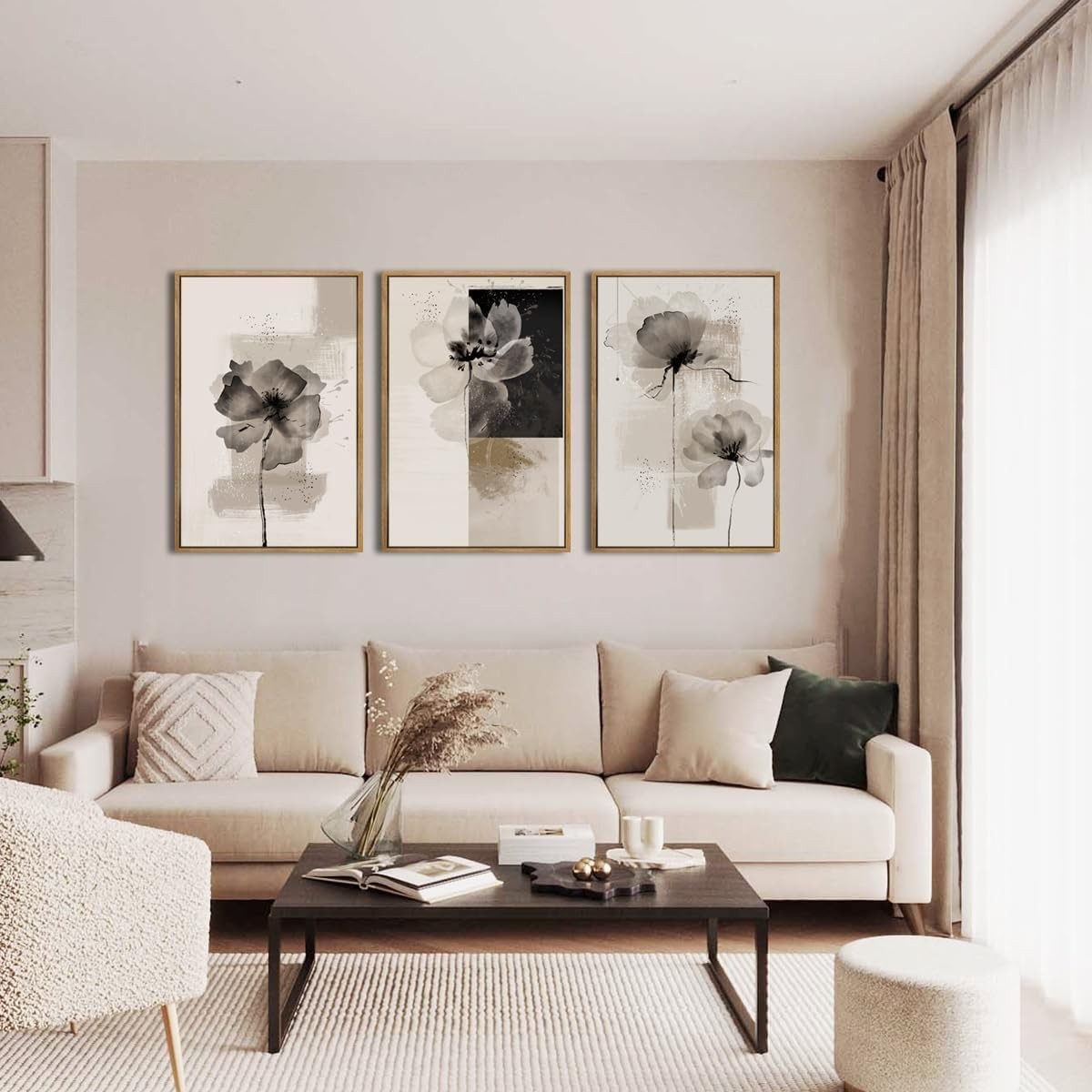 Abstract Neutral Floral Wall Art Set of 3 Framed 30x40cm