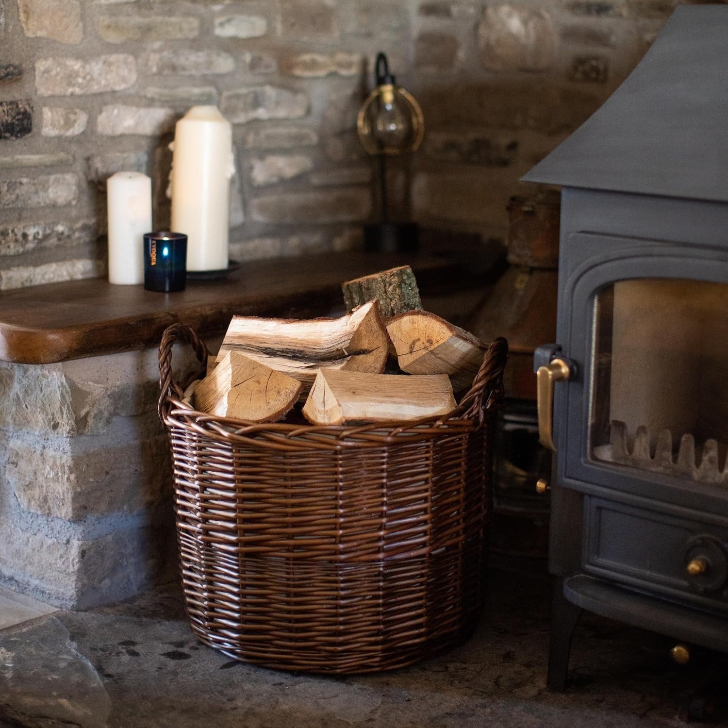 Large Wicker Log Basket with Handles & Lining Firewood Storage Bin