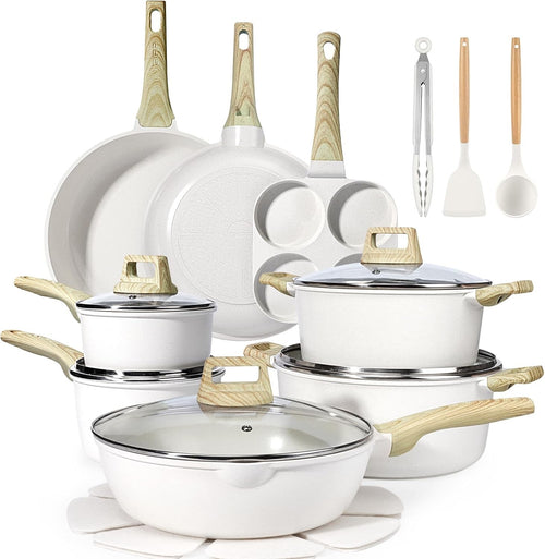 10Pcs Cream White Ceramic Non-Stick Cookware Set with Lids & Utensils, PFAS Free