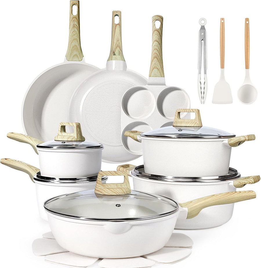 10Pcs Cream White Ceramic Non-Stick Cookware Set with Lids & Utensils, PFAS Free