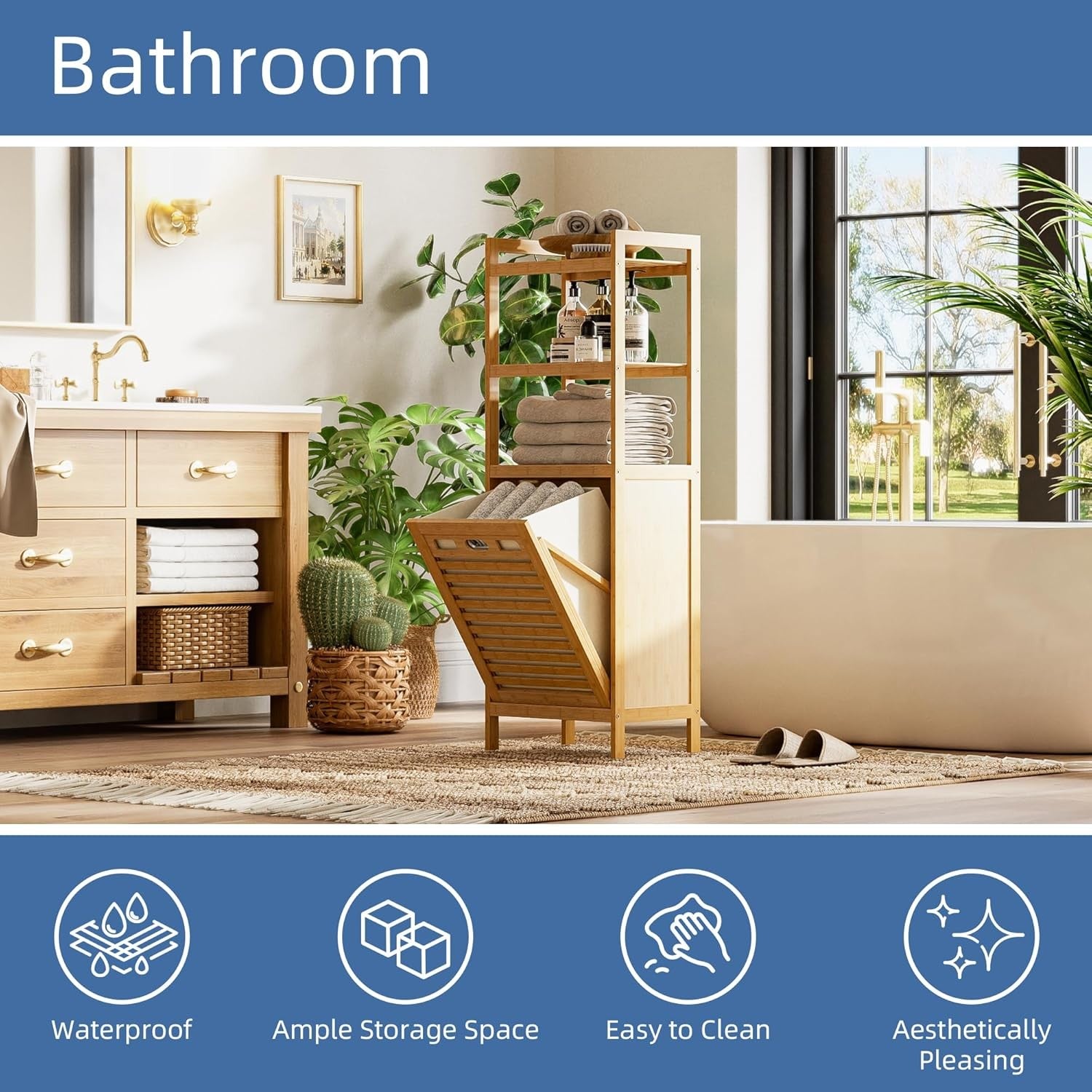 Natural Bamboo Tilt Out Laundry Hamper Cabinet 32L Basket with Shelves