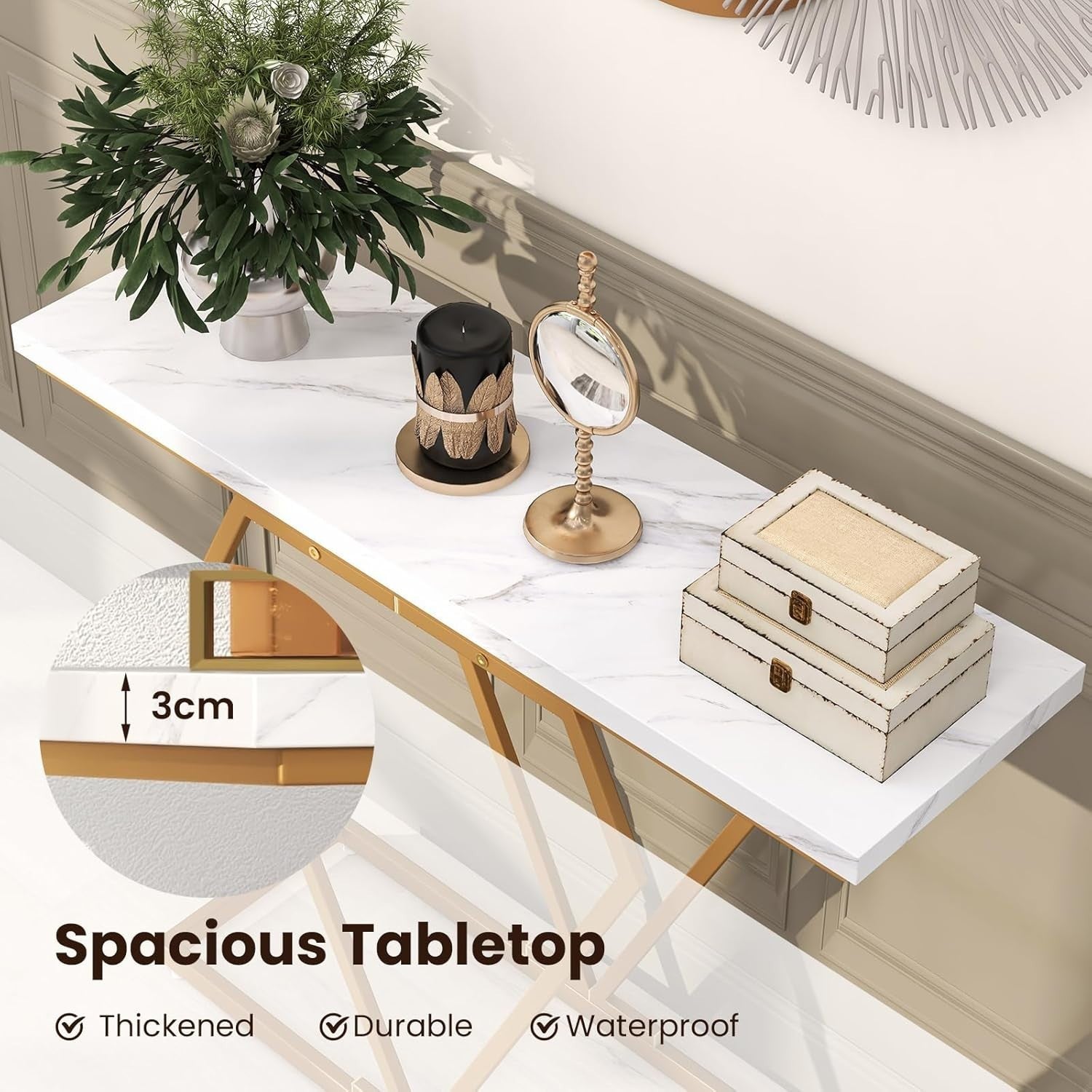 Narrow Console Table 100cm Marble Top with Gold Geometric Frame - Slim