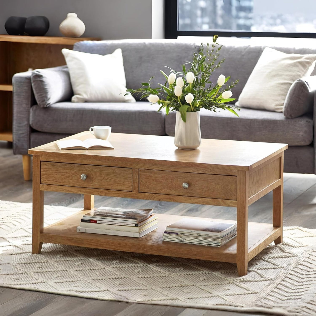 Luxury Oak Coffee Table with 2 Drawers & Shelf – Large 110cm Storage