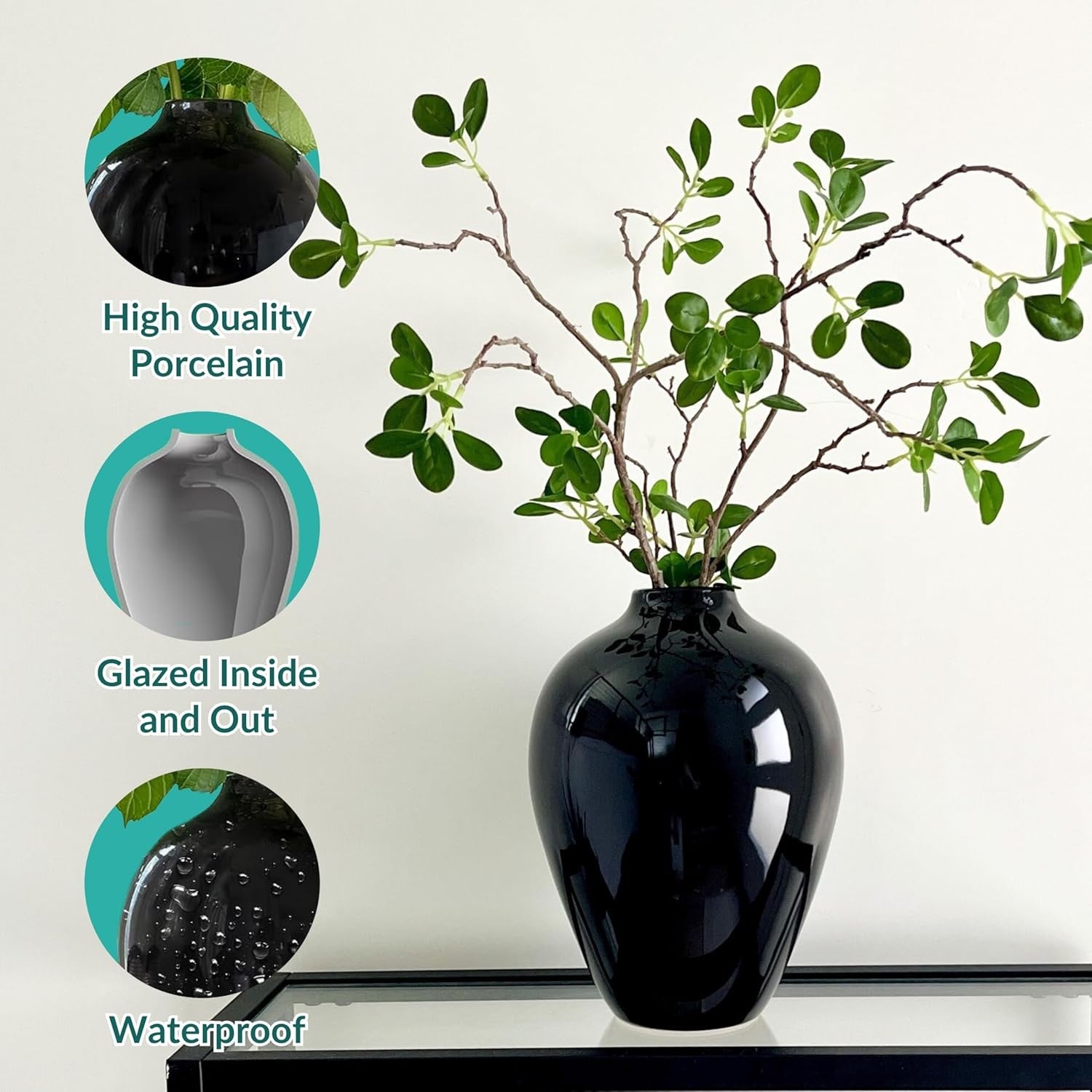 Black Ceramic Vase 25cm Glossy Porcelain Tall Flower Centerpiece Decor