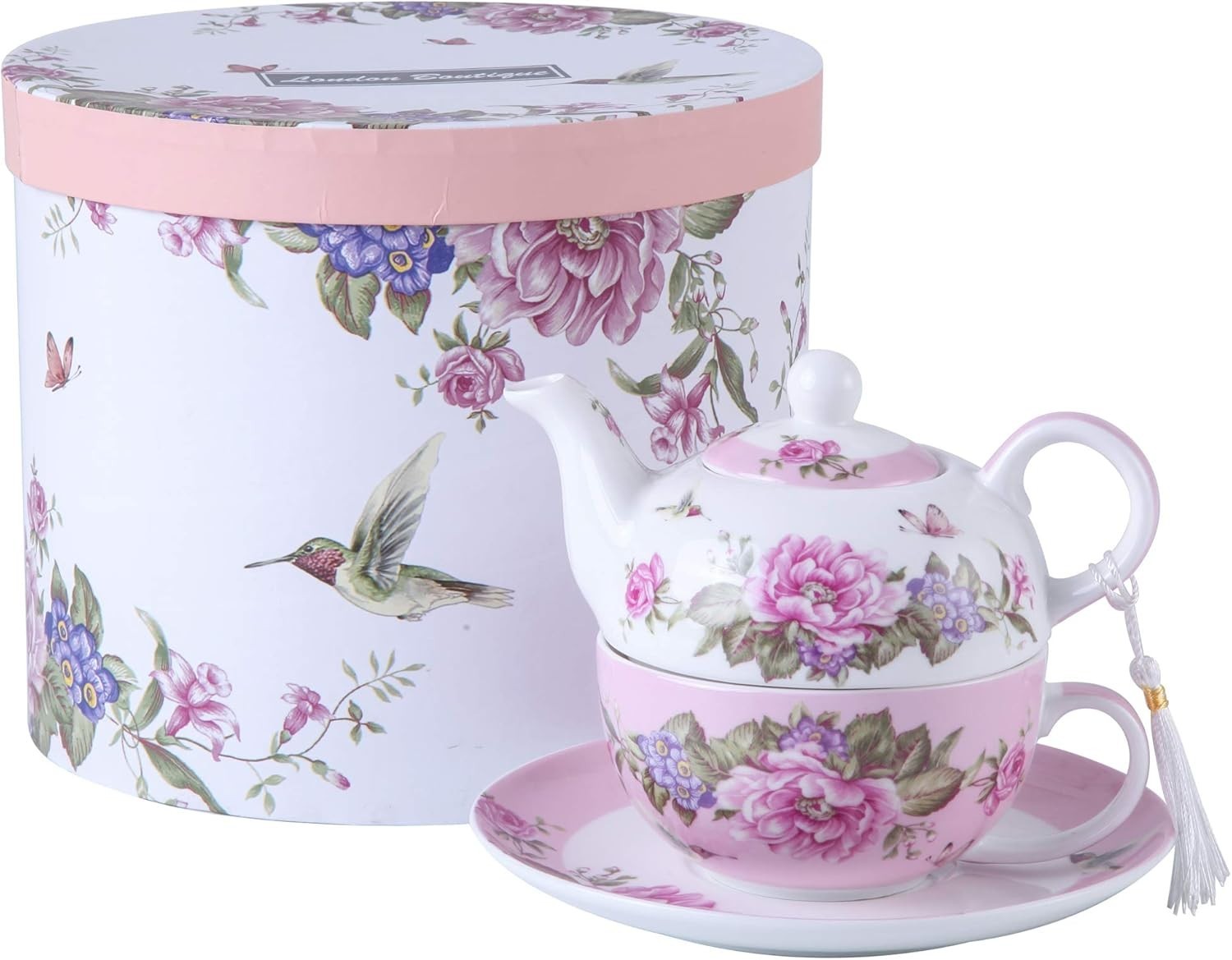 Tea For One Teapot Cup Saucer Set Pink Floral Rose Bird Gift Box