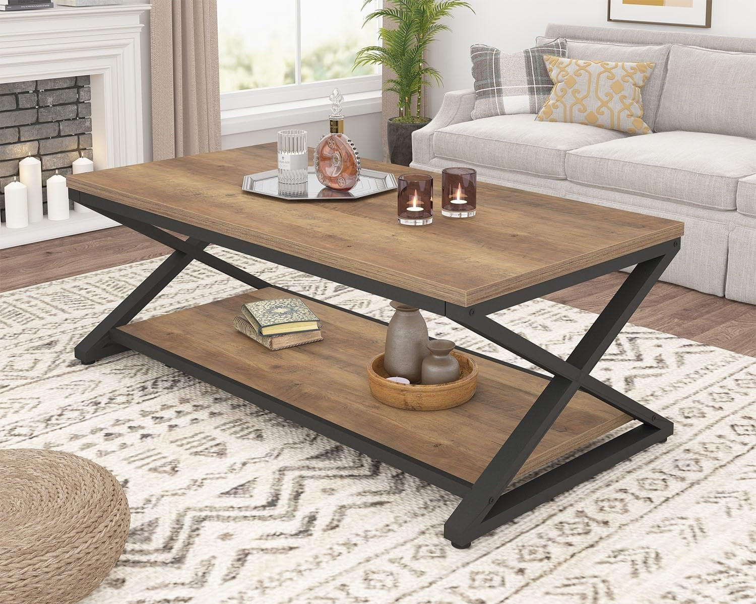 Rustic Industrial Coffee Table 47" with Storage Shelf, Metal Frame, Durable