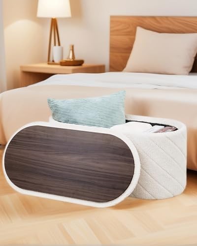 White Oval Storage Ottoman Bench 3-in-1 Seat Footrest with Hidden Storage