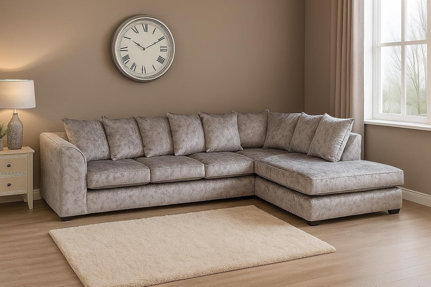 Grey 5-Seater Corner Sofa Right Hand L-Shape Crush Velvet Modular Couch