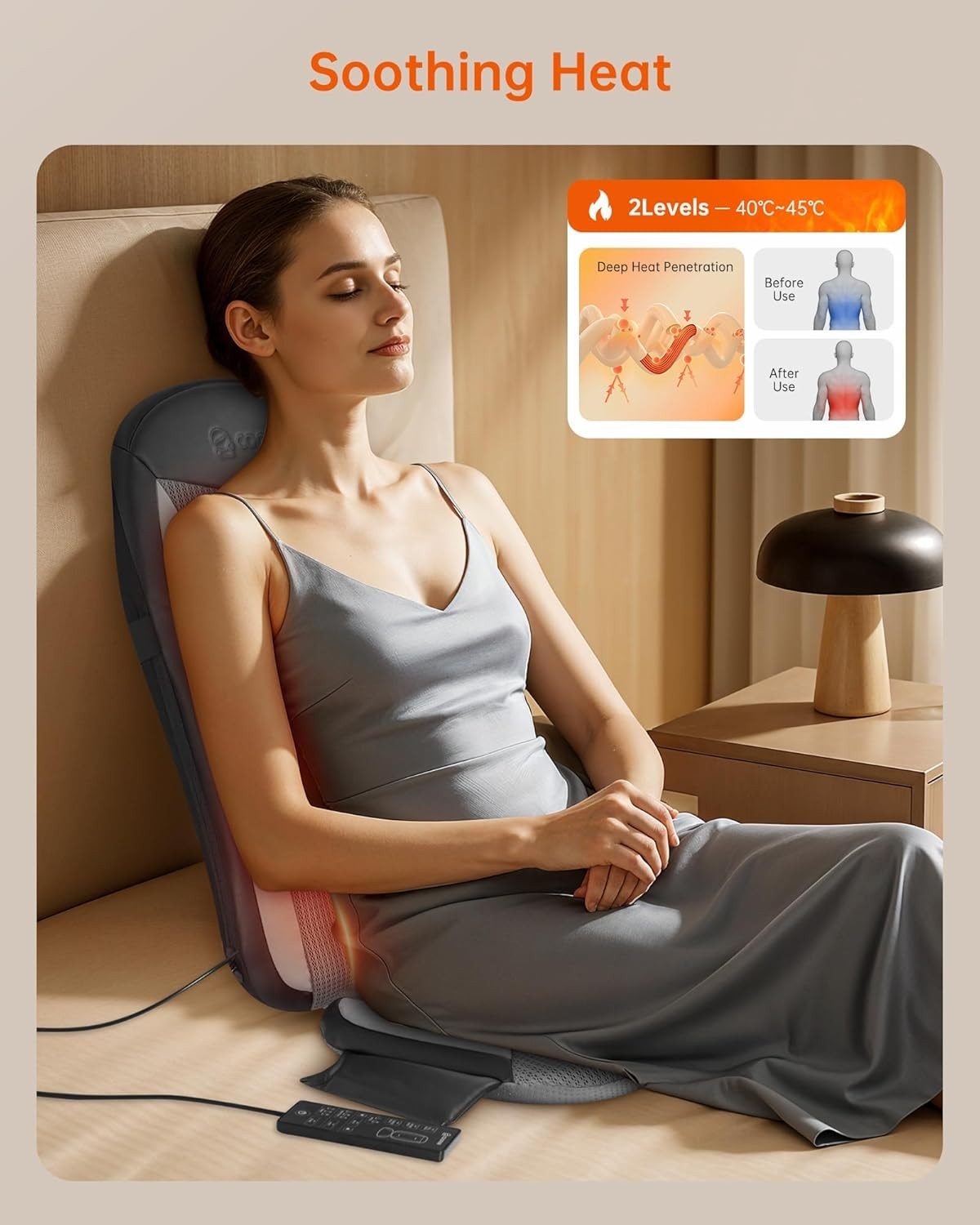 Shiatsu Back Massager Heat Deep Tissue Kneading Seat Cushion for Chair Home