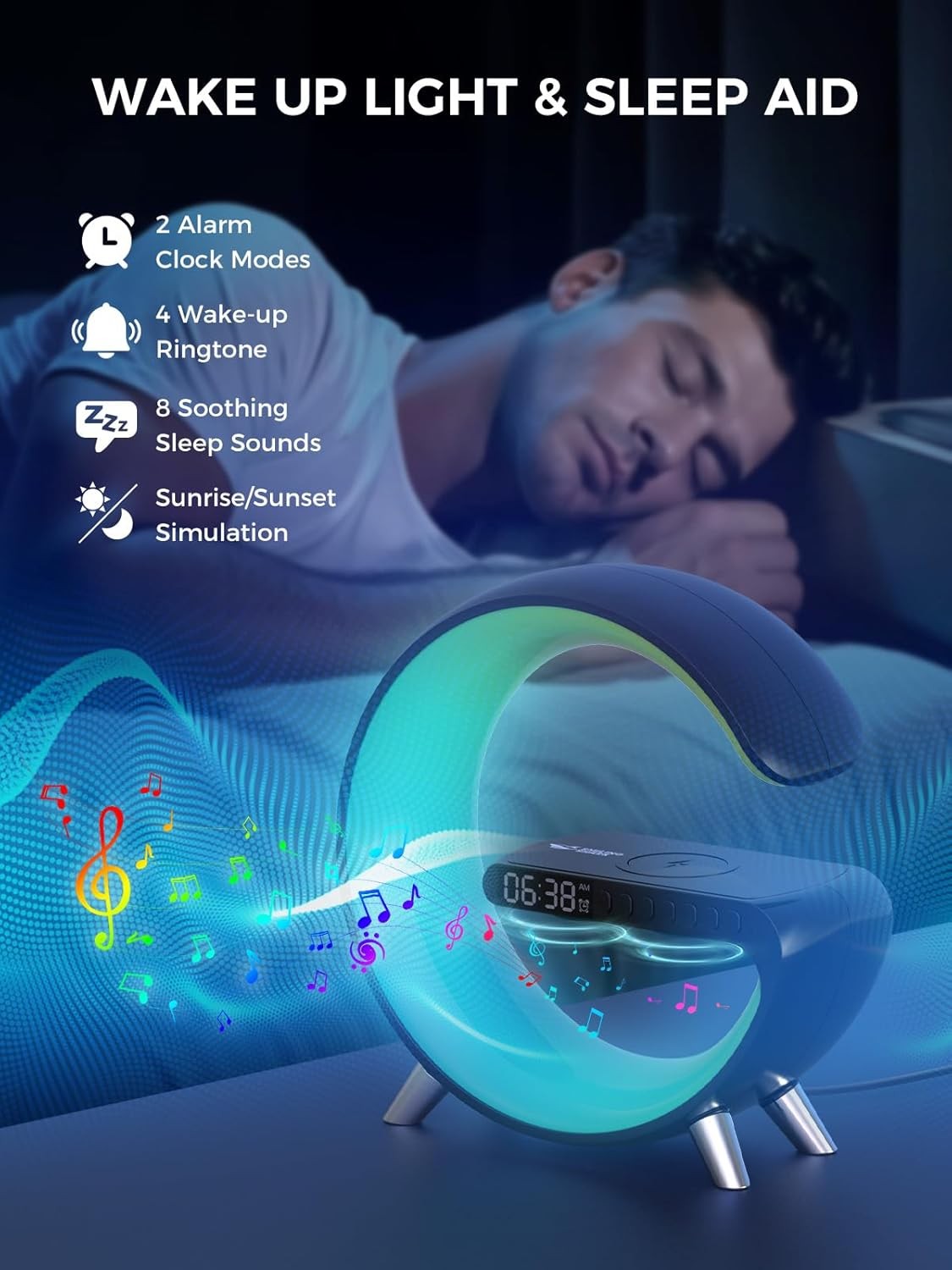 Black RGB G-Shape Sunrise Wake Up Light Alarm Bluetooth Speaker Wireless Charger
