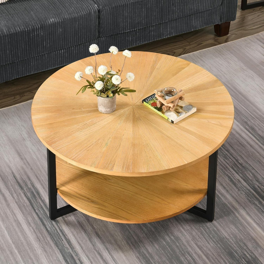 Round 2-Tier Solid Wood Coffee Table with Storage & Black Metal Legs 85cm