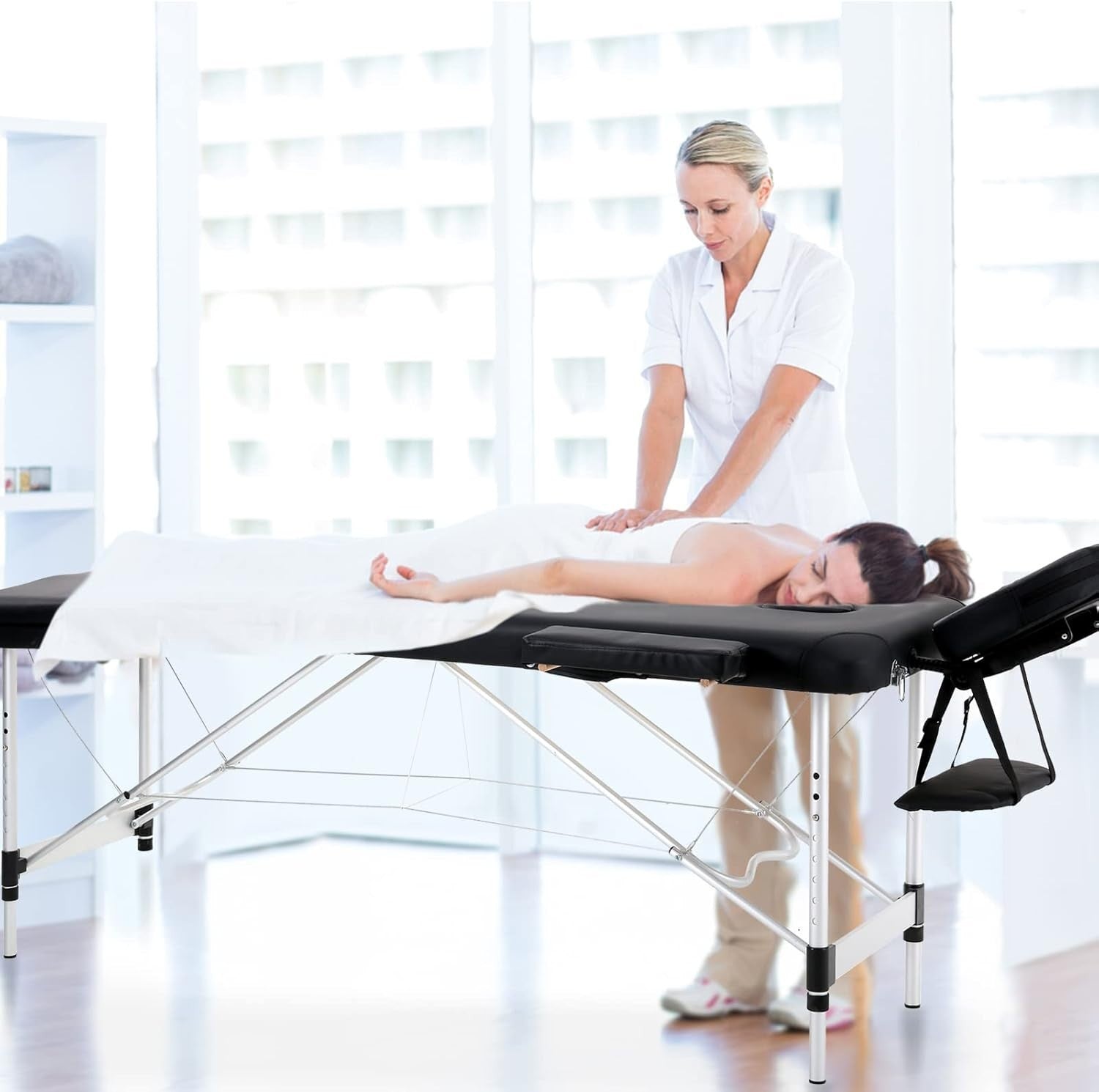 Portable Massage Table Foldable Aluminium Adjustable Therapy Beauty Bed Black