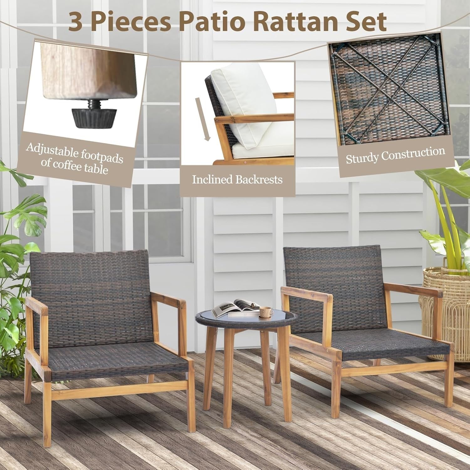 Luxury Acacia Garden Armchair Set with Cushions & Glass Table Patio Balcony