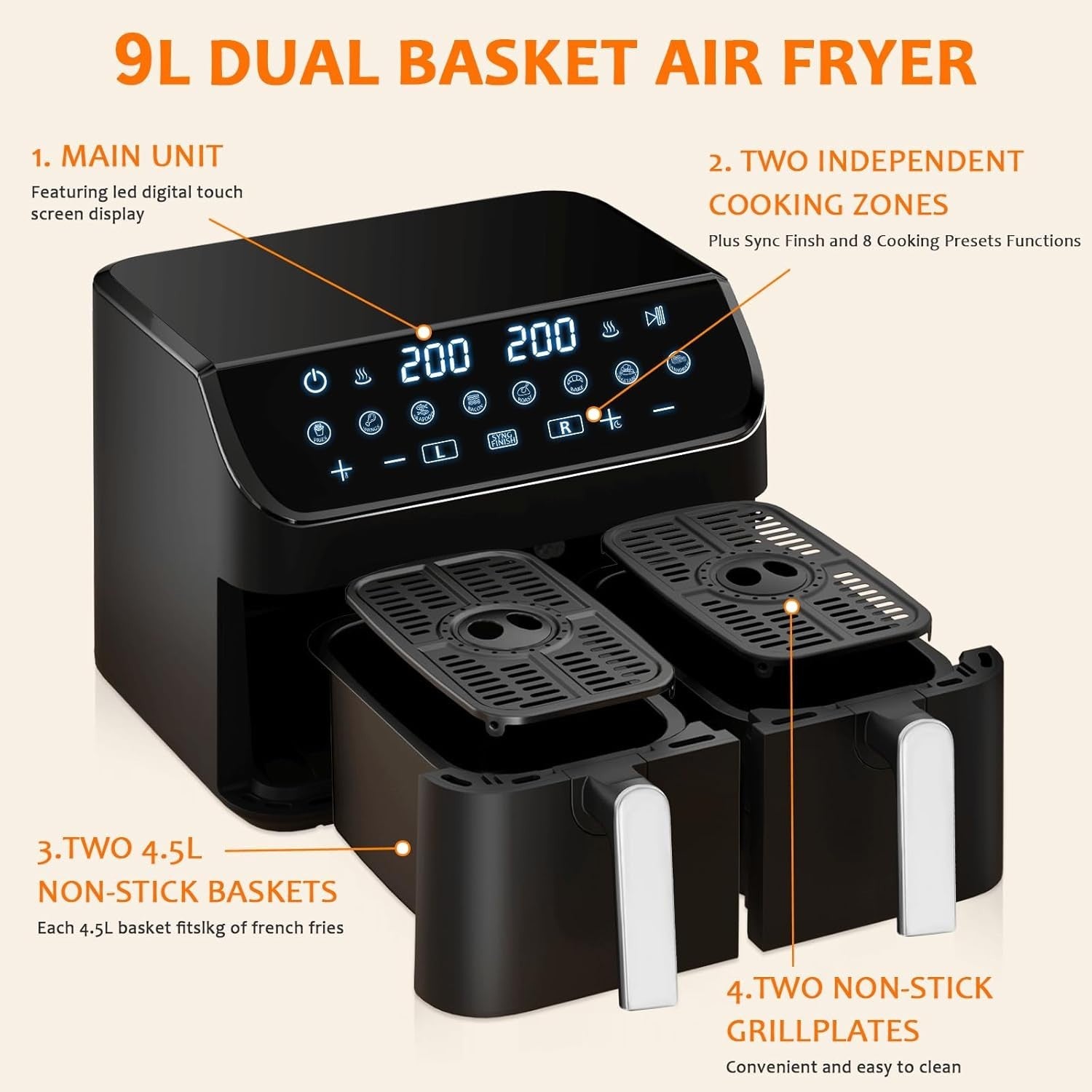 9L Dual Air Fryer 2x4.5L Sync Finish 8 Presets Touch 720° Air Oil Free
