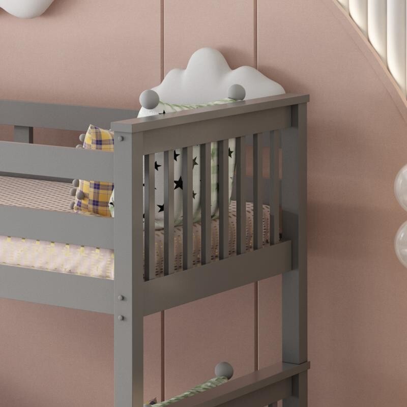 Kids Grey Bunk Bed 3FT Single Over 4FT6 Double Wooden Trio Bed Frame