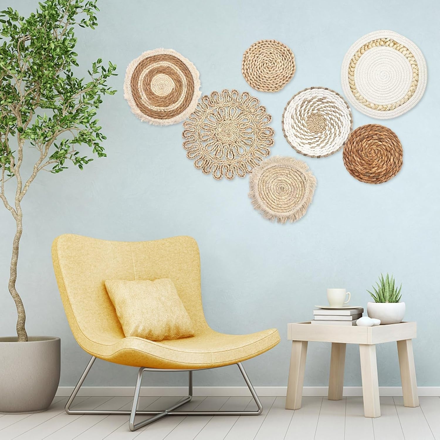 Boho Wall Baskets Set of 7 – Handmade Rattan Woven Decor