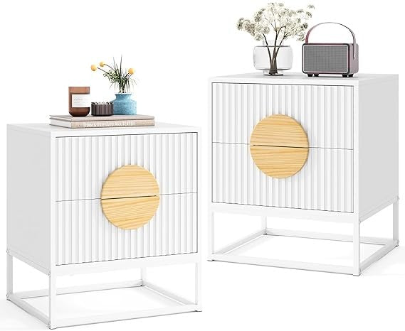 Set of 2 White Modern Bedside Tables – Dual Drawers Metal Frame Wood Accent