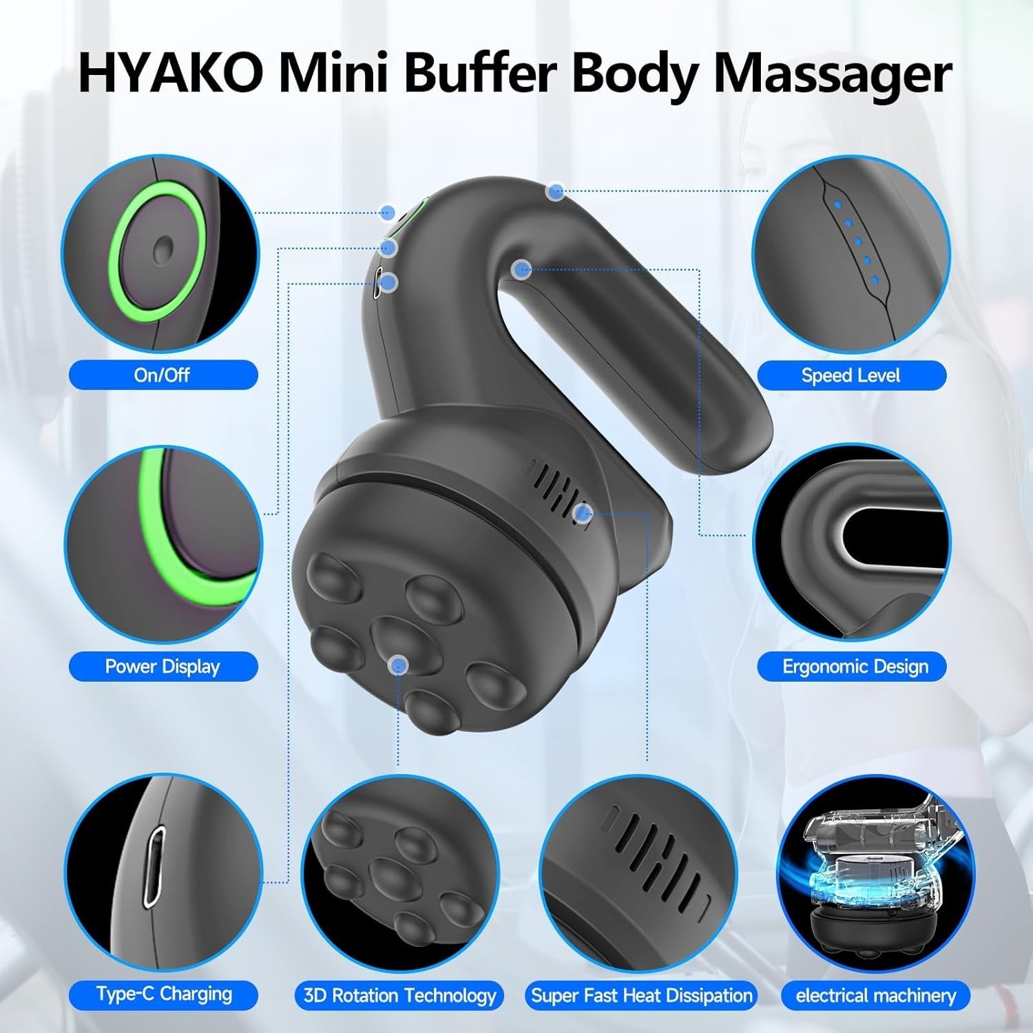Deep Tissue Handheld Massager 3 Heads Multi-Speed for Neck Back Pain Relief