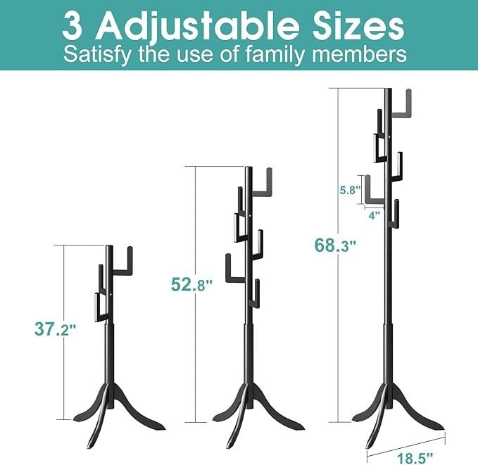 Black Bamboo Coat Rack Freestanding 6 Hooks | Modern Adjustable Wooden Hall Tree