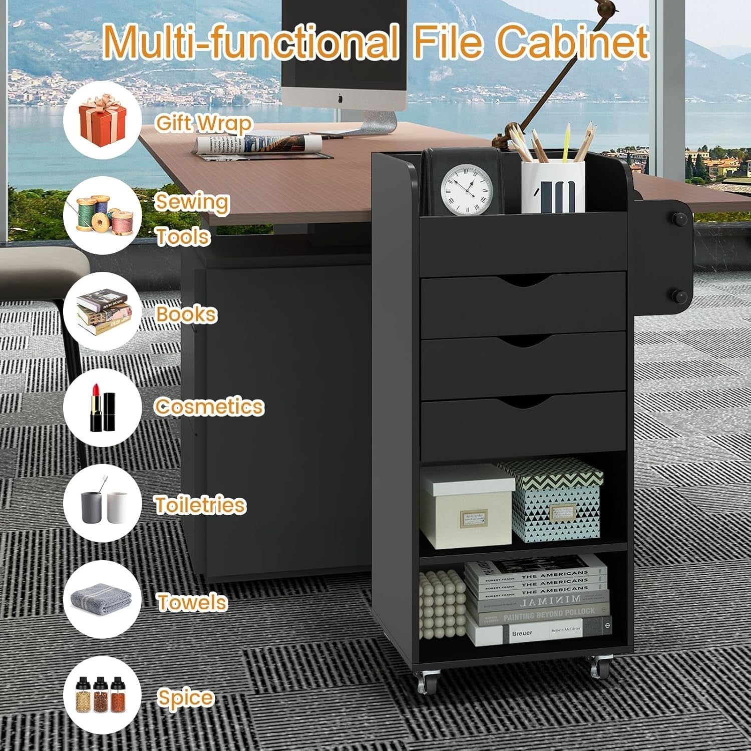 Black Mobile File Cabinet 86cm 3 Drawer Under Desk Storage