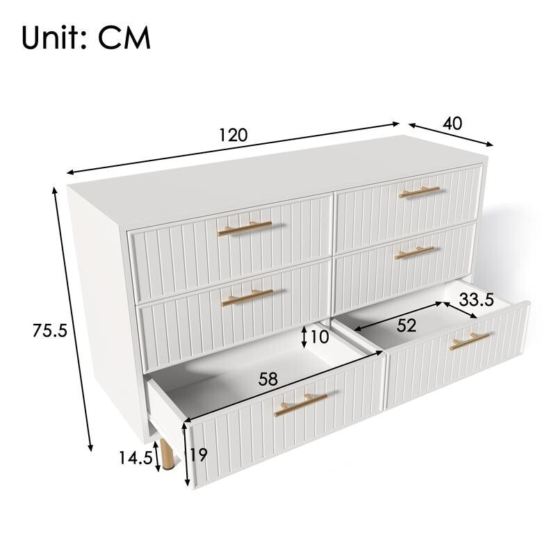 White 6 Drawer Sideboard Chest Gold Handles, Modern Cabinet Storage 120cm