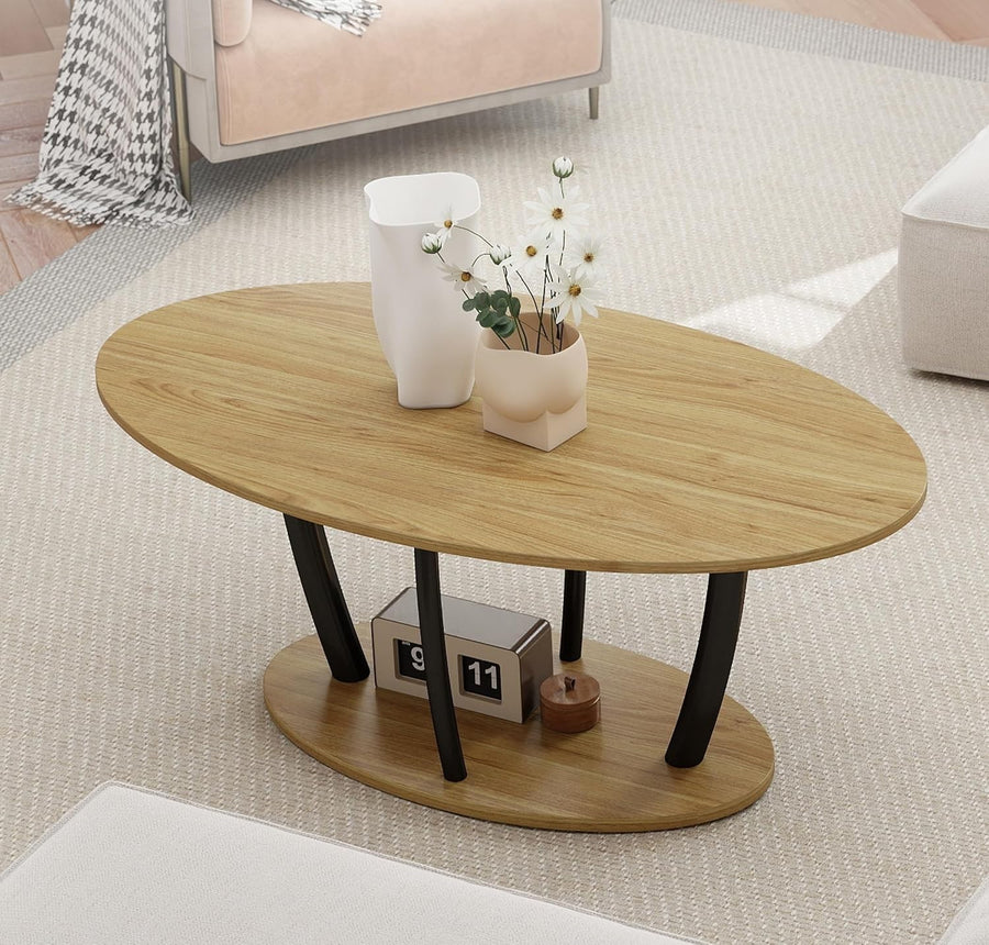 Modern Oak Oval Coffee Table with Storage Shelf – Small Space Mid-Century