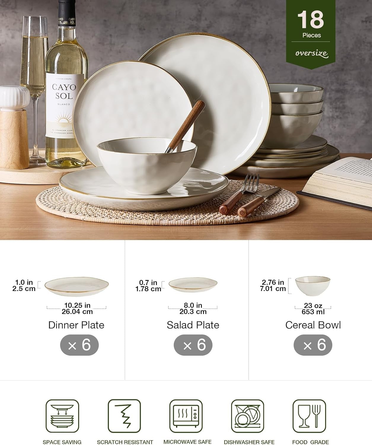 18pc Stoneware Dinnerware Set Plates Bowls Beige Service for 6
