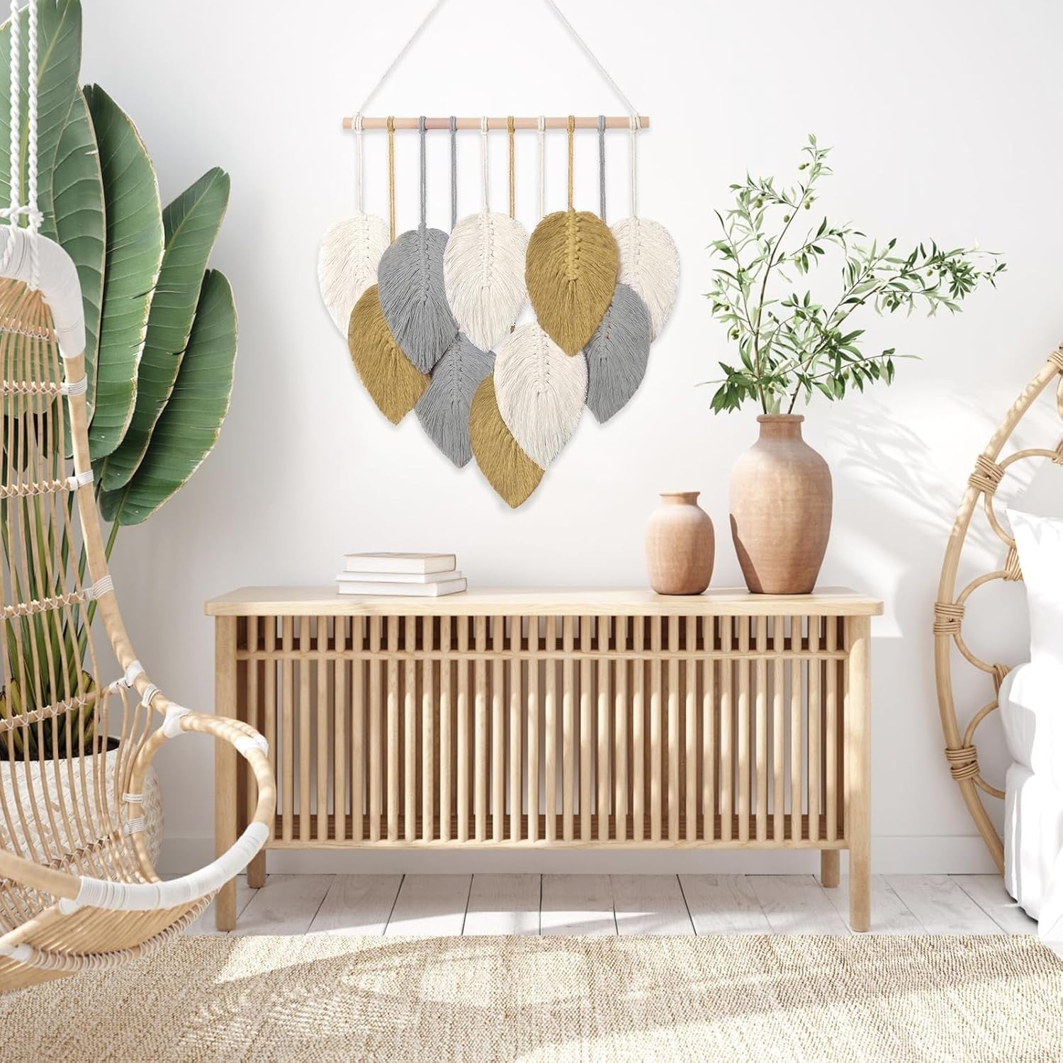 Small Macrame Wall Hanging Boho Leaf Woven Decor Yellow