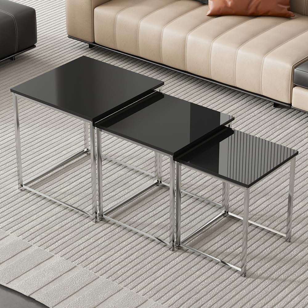 3 Pc Black Nesting Coffee Table Set Modern End Side Sofa Tables Space Saving