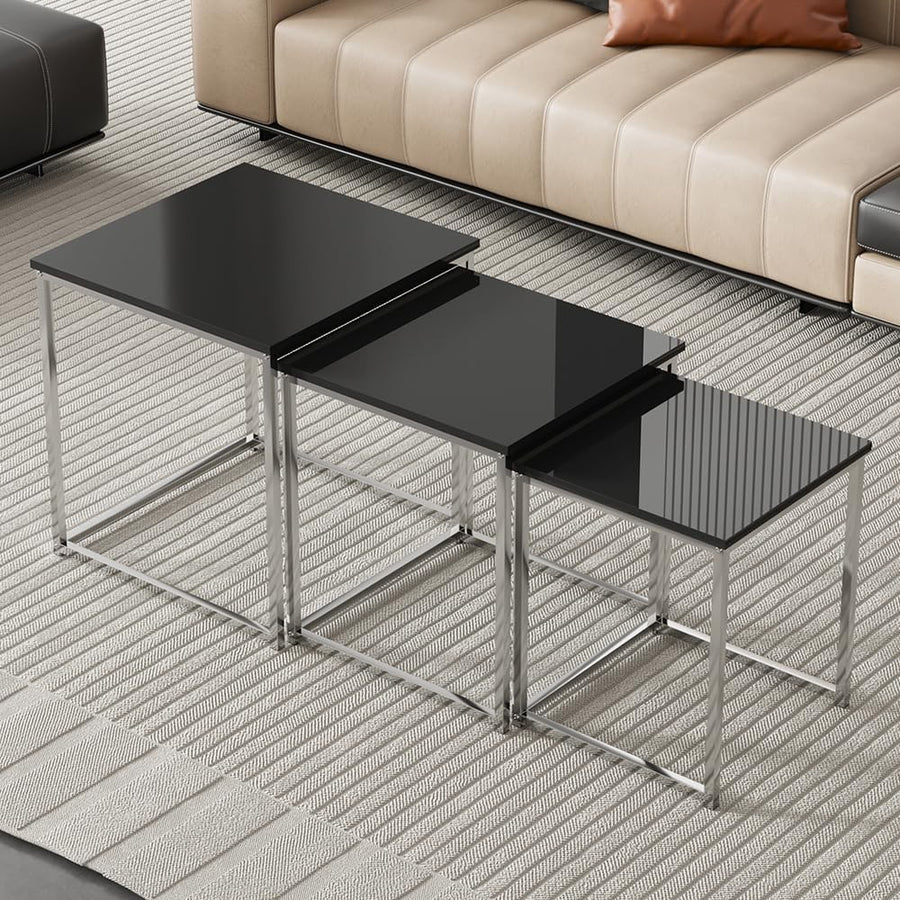 3 Pc Black Nesting Coffee Table Set Modern End Side Sofa Tables Space Saving