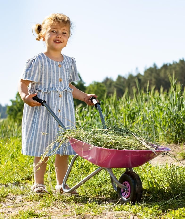 Kids Pink Metal Wheelbarrow – Plastic Handles, Tubular Tyre, Holds 25kg Load Cap