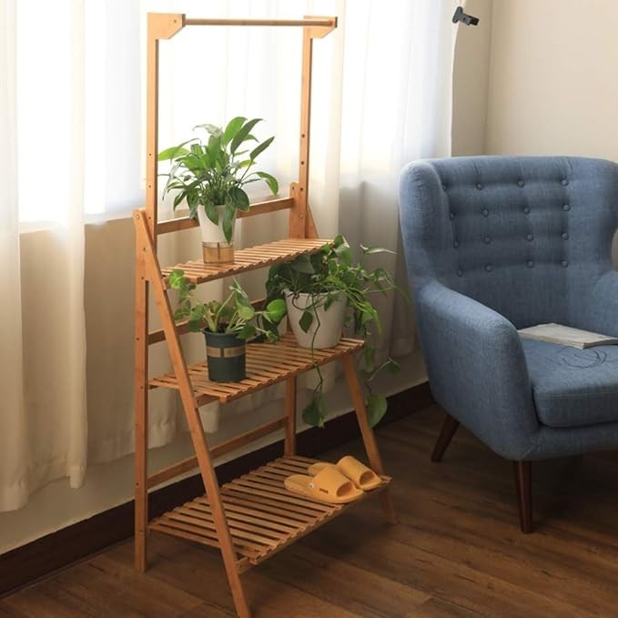 3 Tier Bamboo Plant Stand with Hanging Bar Indoor Outdoor Foldable Flower Shelf