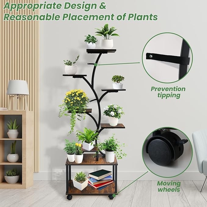 8 Tier Metal Wood Plant Stand with Grow Light Tall Flower Shelf Indoor Outdoor