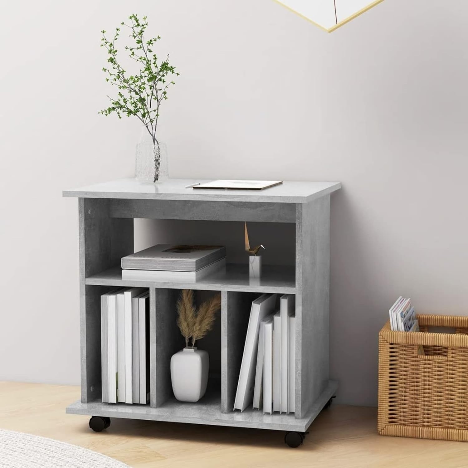Concrete Grey Rolling File Cabinet Wooden Under Desk Storage Unit