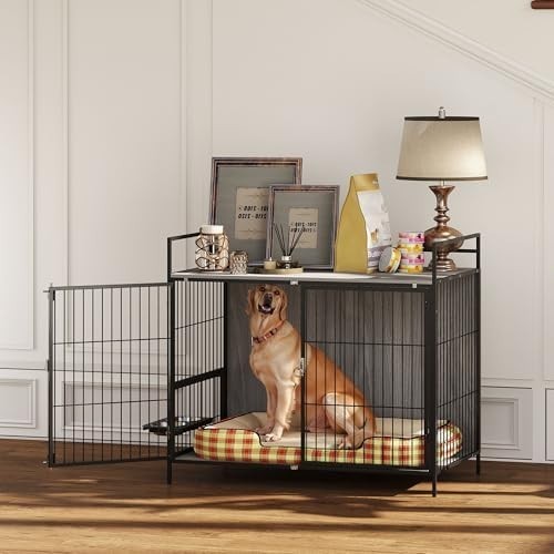 Dog Crate Furniture with Feeding Bowls & Storage, Lockable Doors, Grey