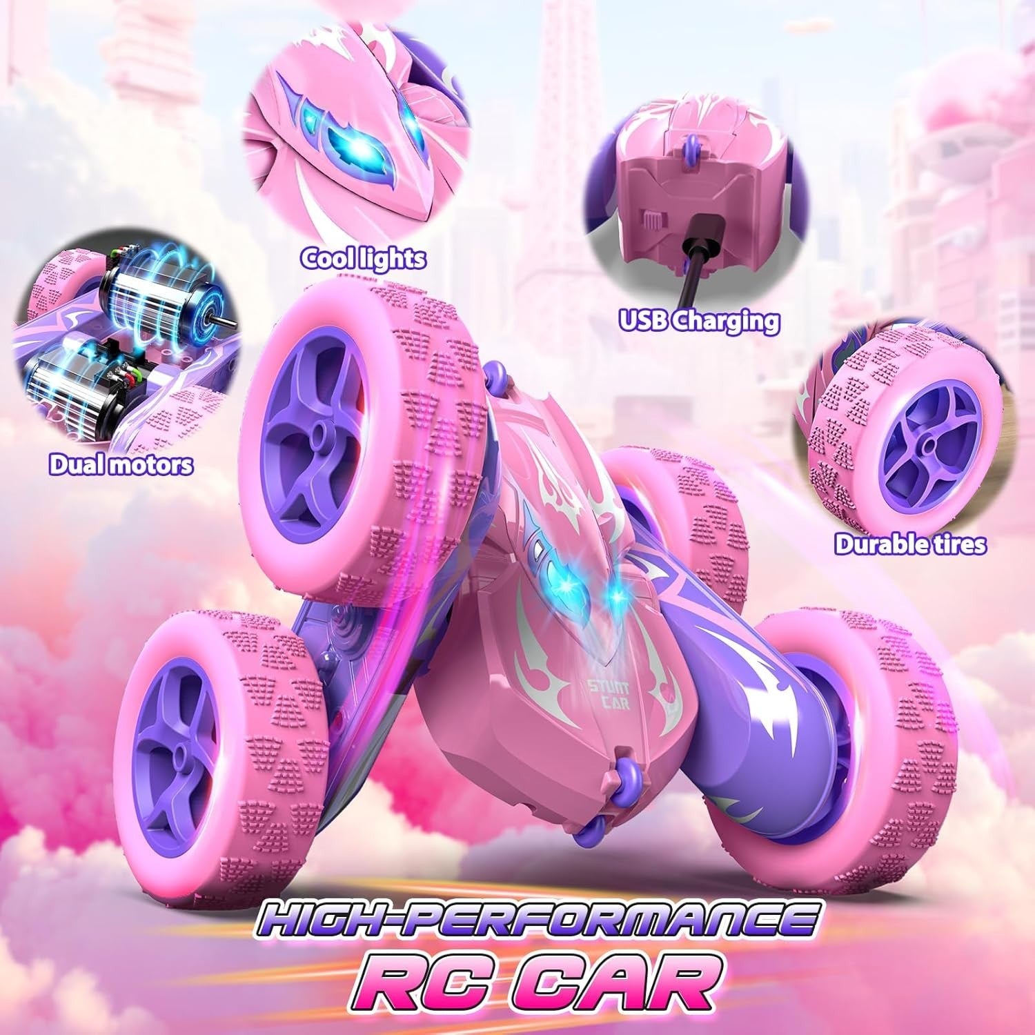 Pink RC Stunt Car 4WD 360° Flip LED Rechargeable Toy for Girls Age 3–9