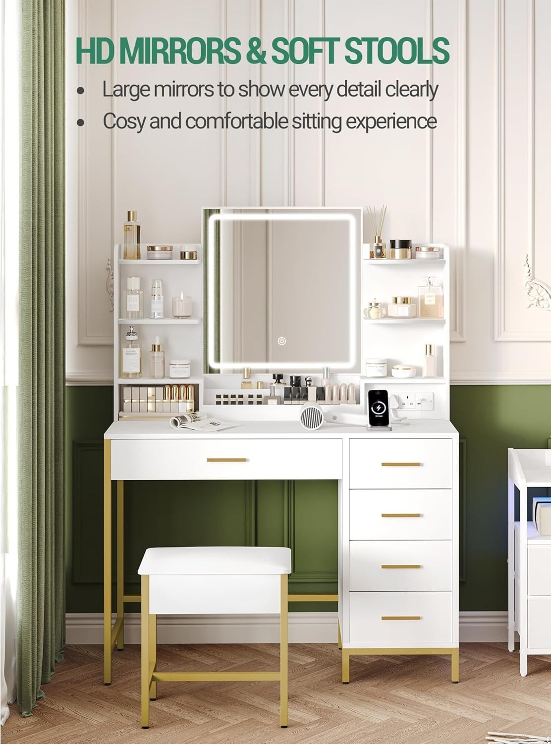 Gold Vanity Dressing Table Set Makeup Desk LED Mirror 5 Drawers Stool White