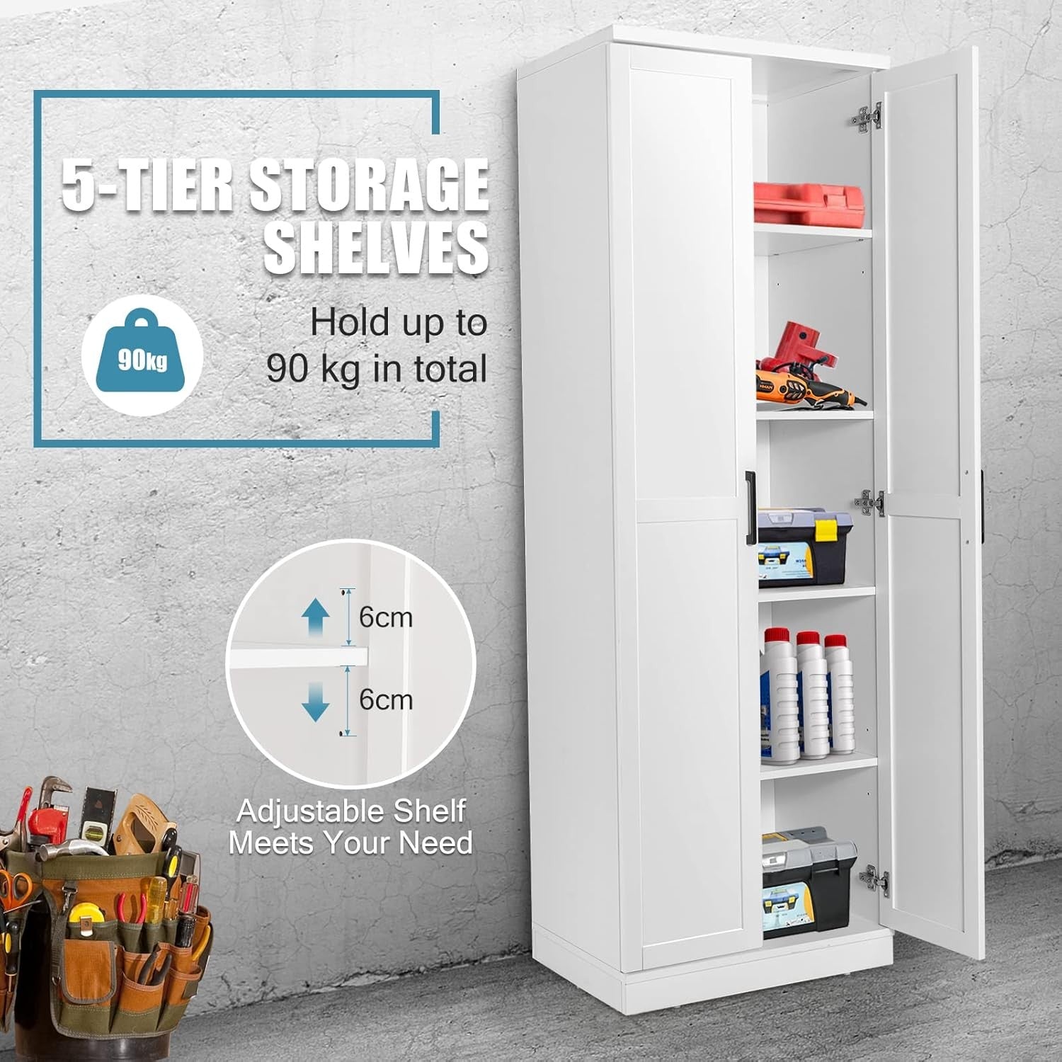 White Tall Wooden Storage Cabinet with Adjustable Shelves & Double Doors