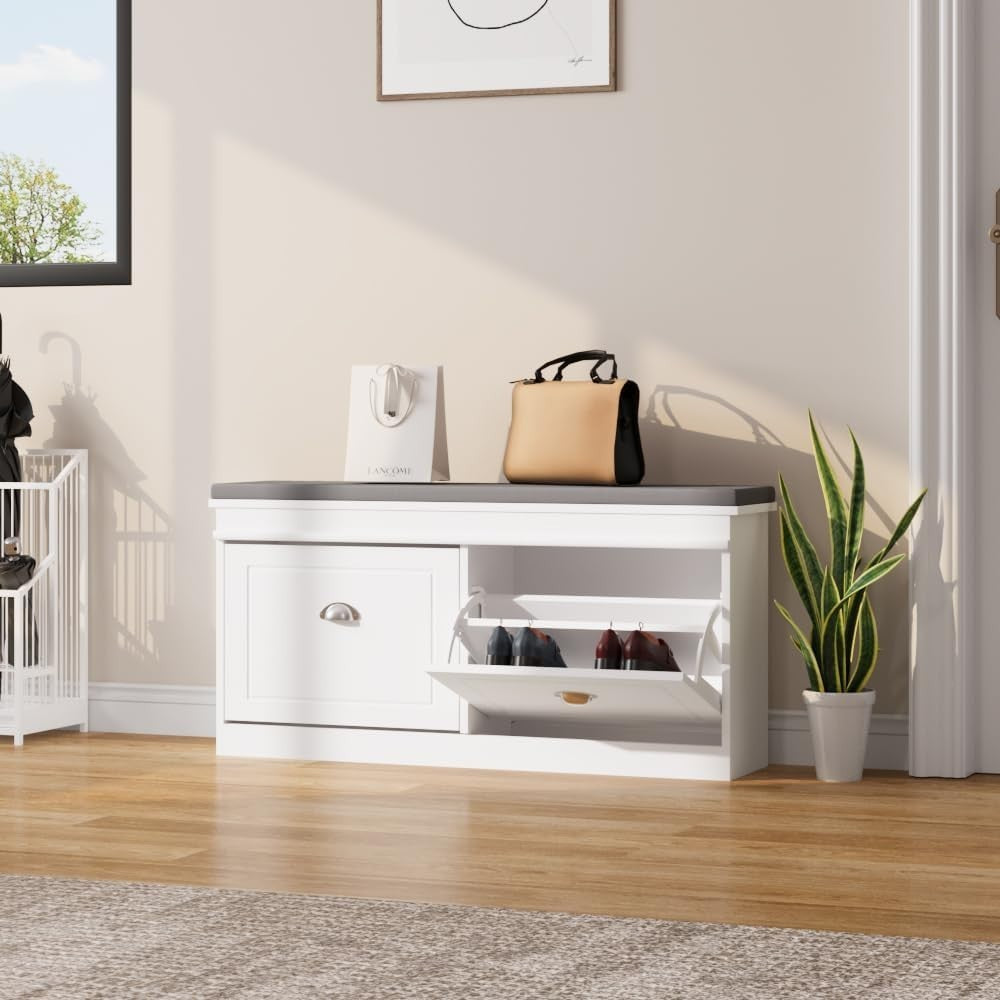 White Shoe Storage Bench with Flip Drawers & Cushion Seat 105x24x52cm