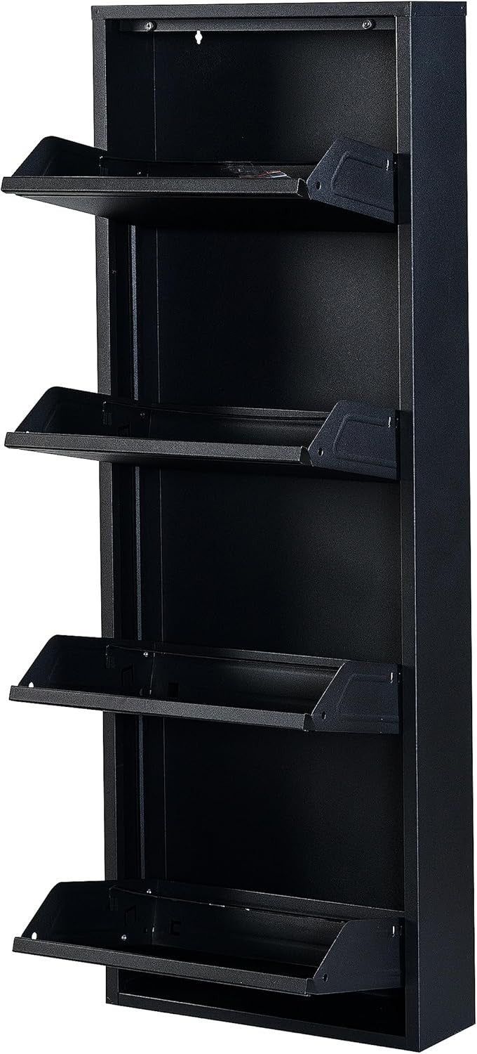 Slim Wall Mounted Shoe Cabinet 4-Tier Metal Storage Rack 138cm Black